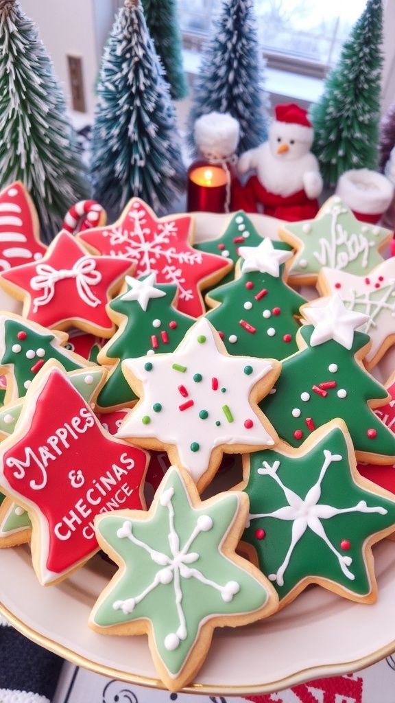 Christmas Sugar Cookies Recipe A plate of decorated Christmas sugar cookies in festive shapes with icing and sprinkles.